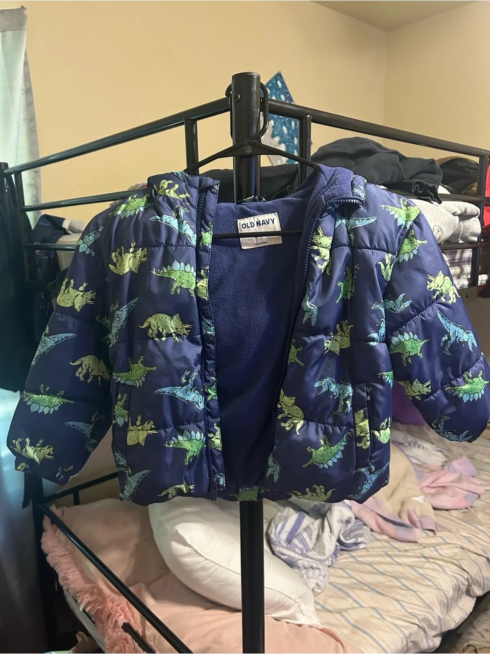 Old Navy Navy Puffer Jacket with Green Dinosaur Print